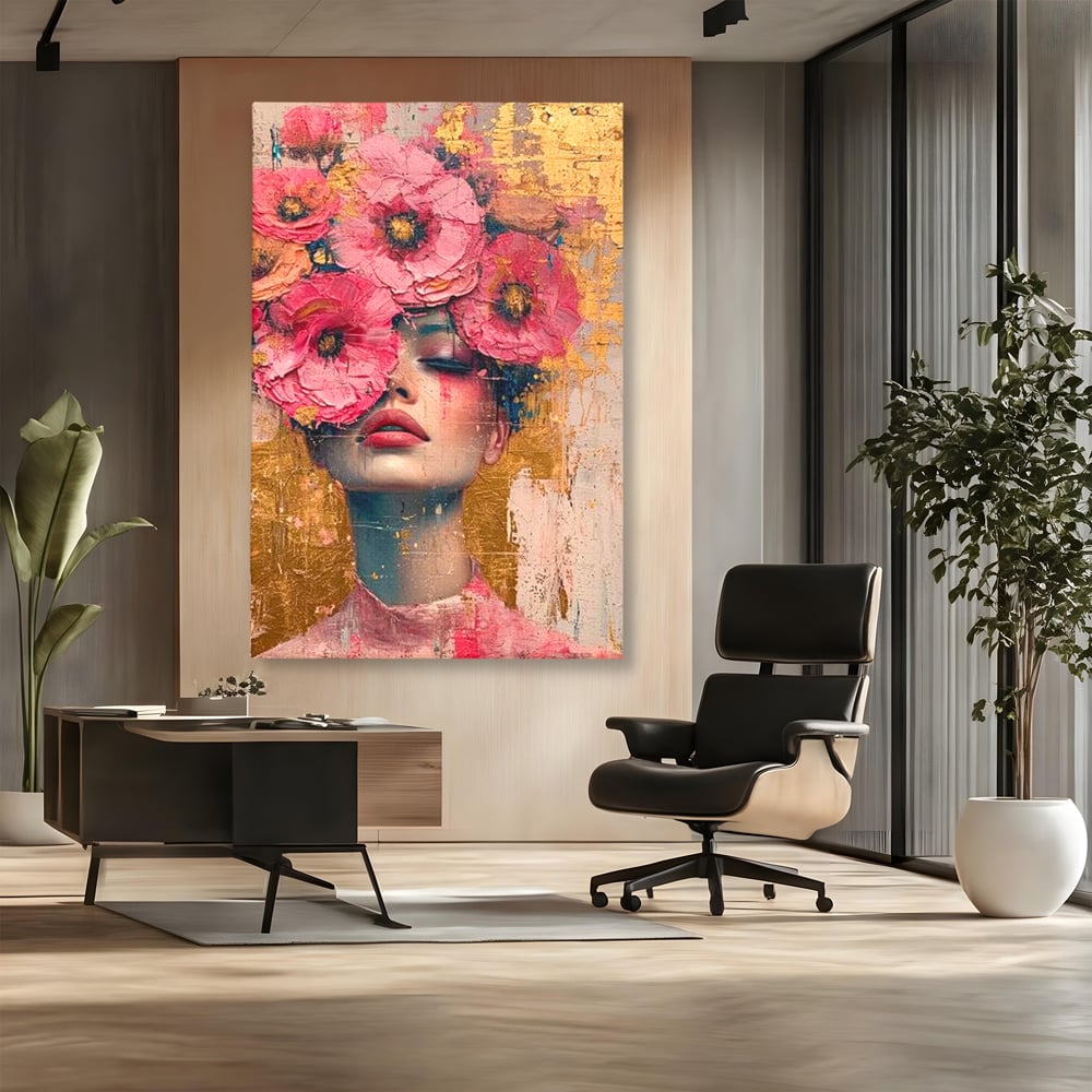Tablou canvas cu tablou canvas cu portret de femeie si flori roz, fara rama, pe sasiu de lemn, pe perete intr-un birou